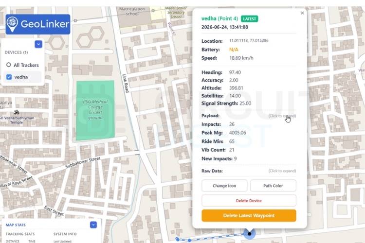 Live parcel tracking dashboard showing waypoint data, impact counts, and location on CircuitDigest Cloud