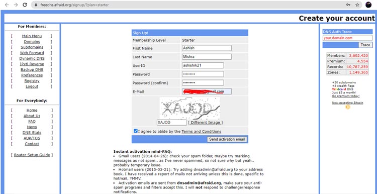 FreeDNS Account Creation Web Page