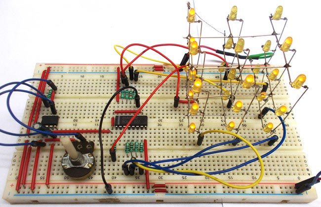 3X3X3 LED Cube using 555 Timer and CD4020 IC