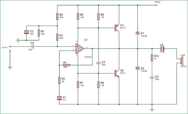 40 Watt Audio Amplifier Circuit Diagram Using Tda2040 And Transistor Pair