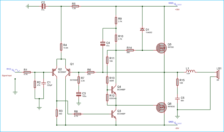 50 Watt Power Amplifier Circuit Diagram using MOSFETs