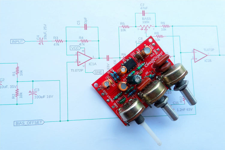 Audio Equalizer or Tone Control Circuit with Bass, Treble and MID frequency Control using Op-Amp