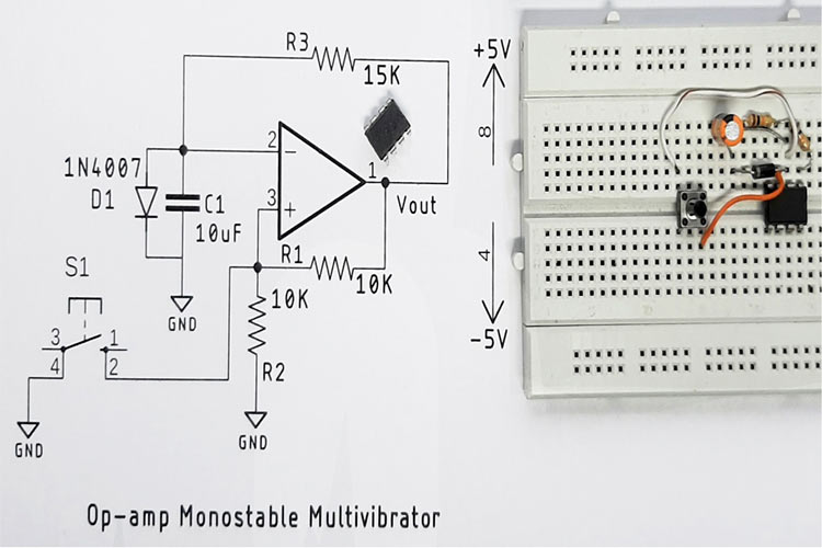 How to Design and Build a Simple Monostable Multivibrator Circuit using  Op-amp