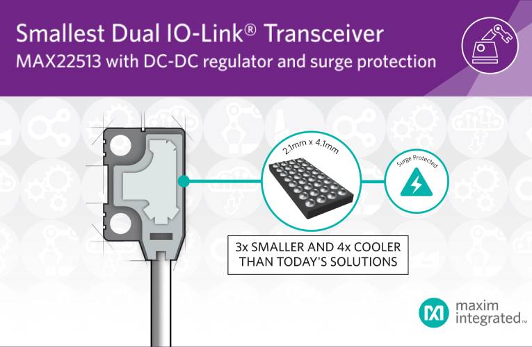 Smallest, Most Power-Efficient Dual IO-Link Transceiver with DC-DC Regulator and Surge Protection