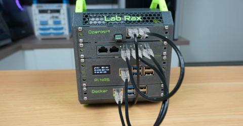 The 3D printed portable homelab with power turned on.