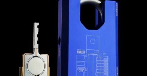 A close-up of a futuristic mechanical padlock designed by Shane Wighton