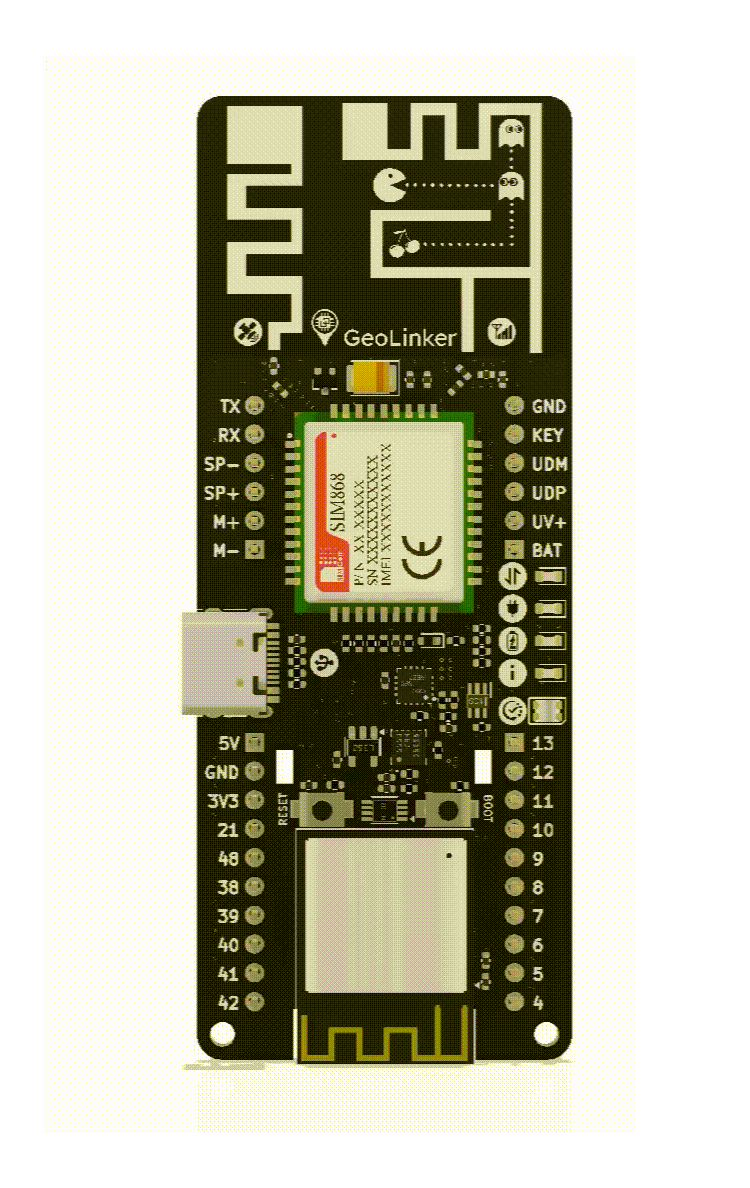 GL868 ESP32 Geolinker development board top view and bottom view